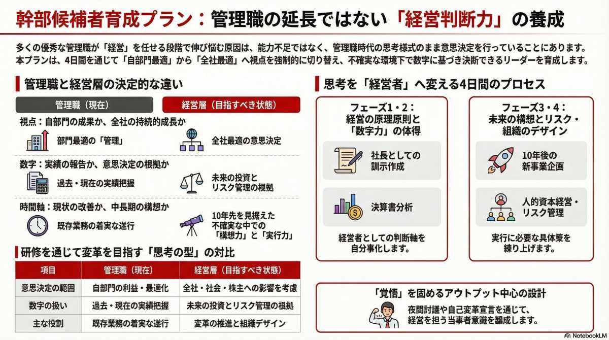 幹部候補者育成プラン|経営マインド・数字・構想力で経営判断の軸を鍛える4日間